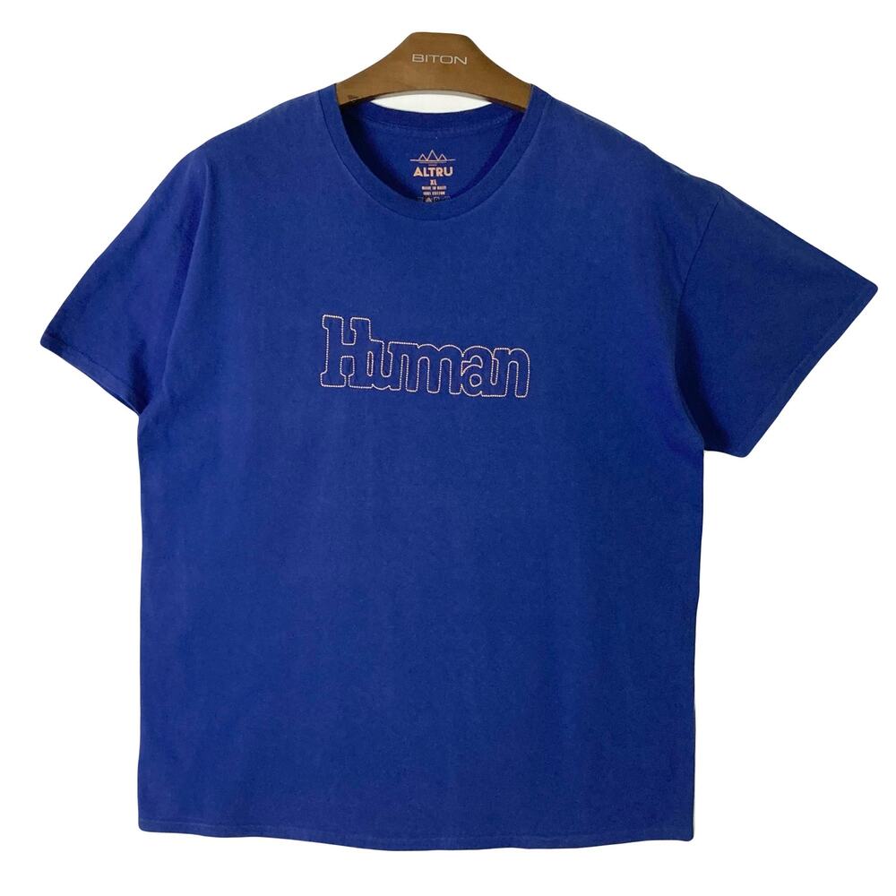 ALTRU Tshirt Men XL Navy-Blue Human Writing Stitch Short Sleeve Cotton